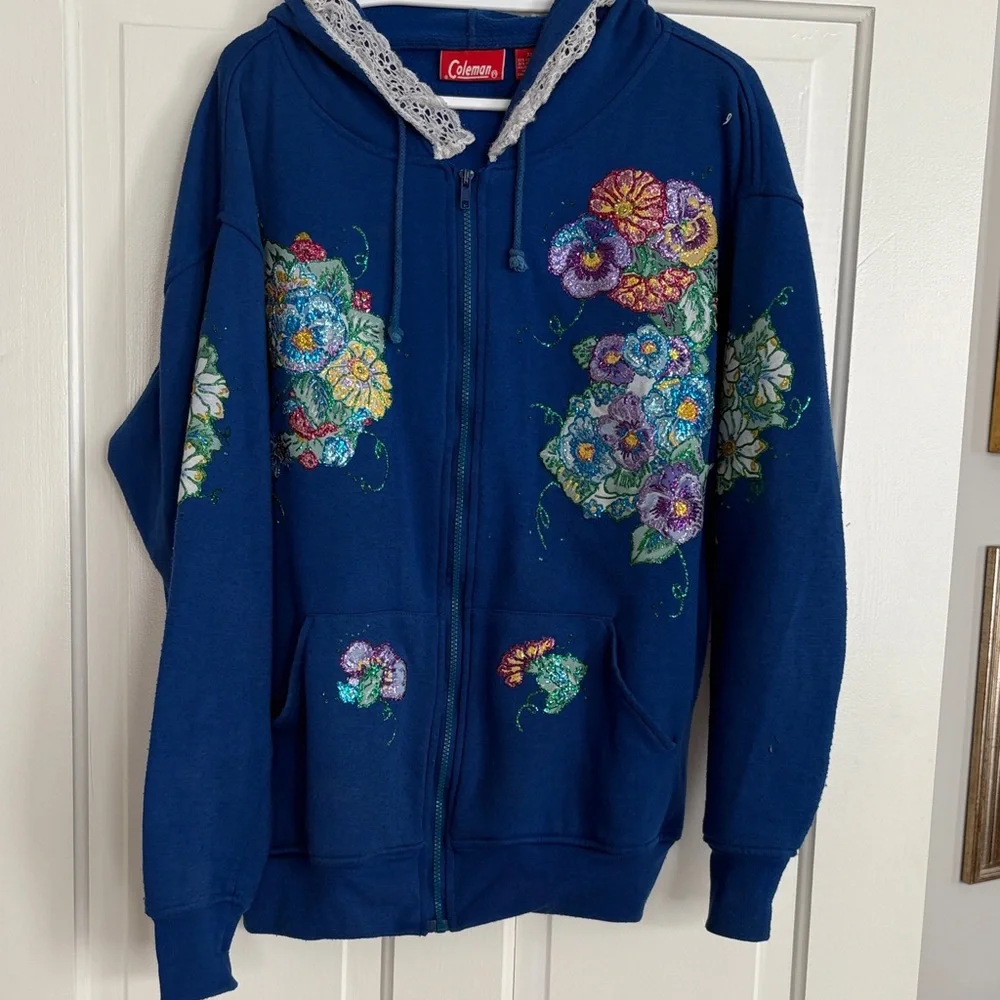 Coleman Blue Hoodie with Floral Embroidery Craft Day Mayham